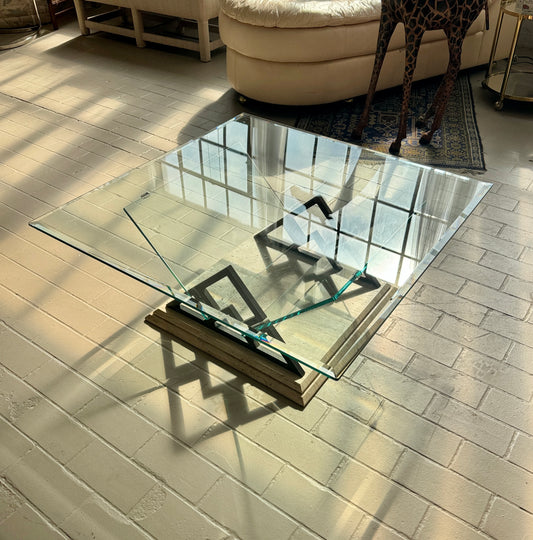 Postmodern Travertine and Glass Coffee Table