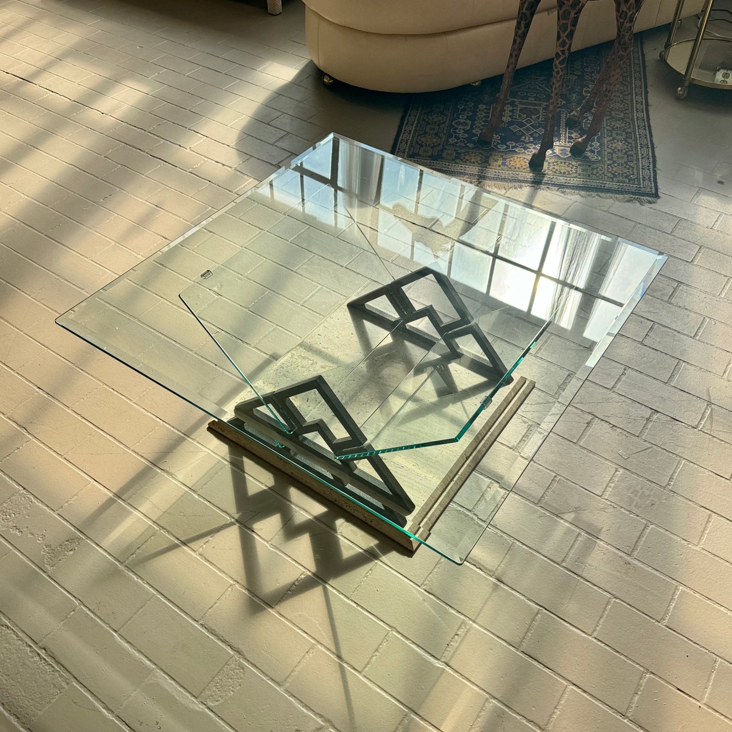 Postmodern Travertine and Glass Coffee Table