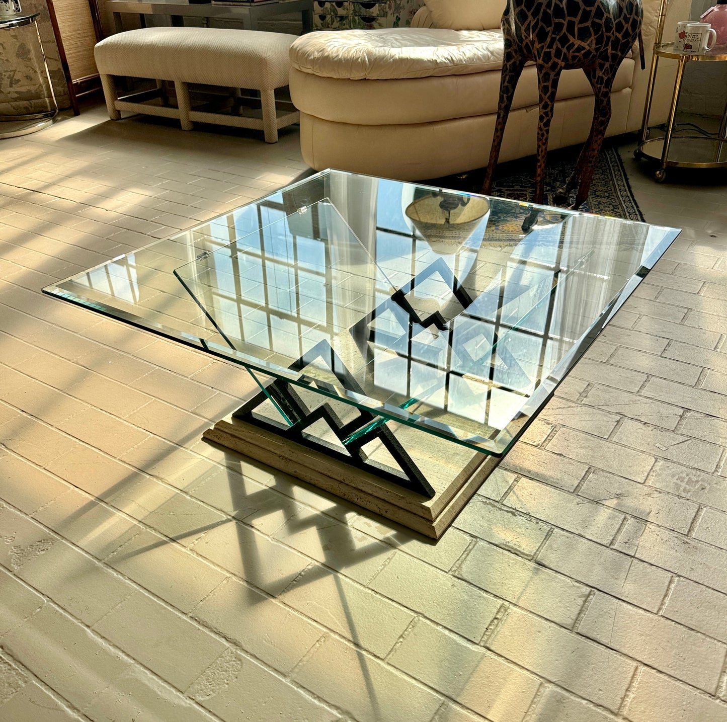 Postmodern Travertine and Glass Coffee Table