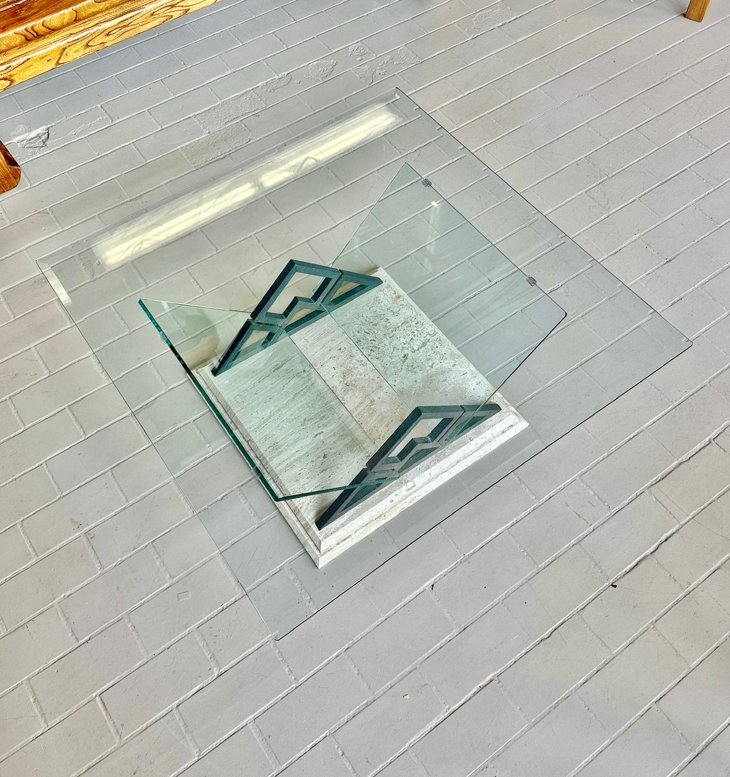 Postmodern Travertine and Glass Coffee Table