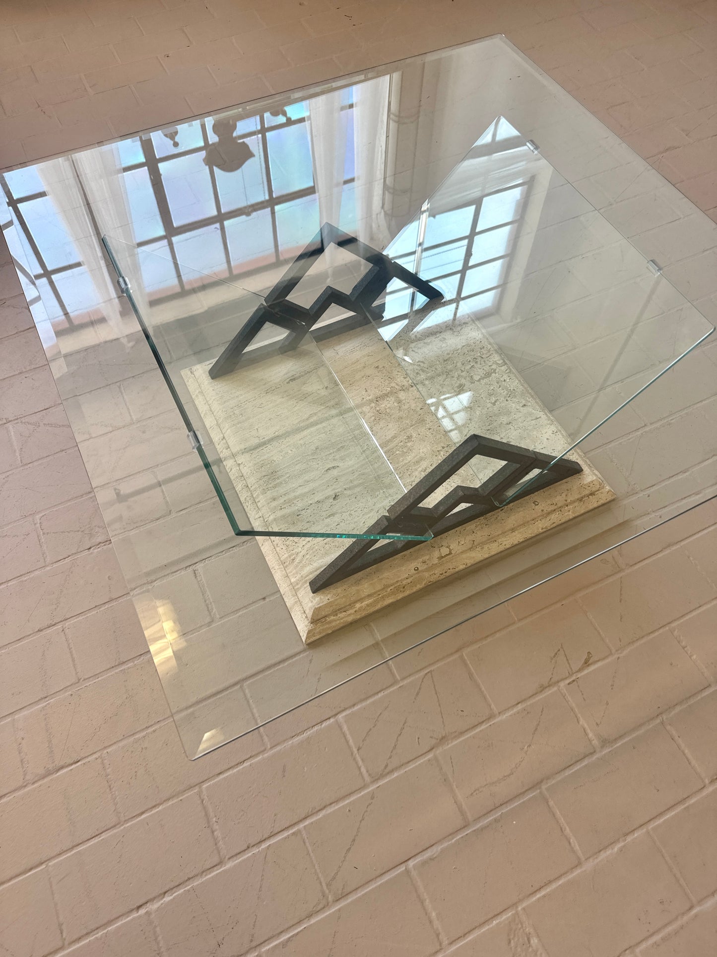 Postmodern Travertine and Glass Coffee Table