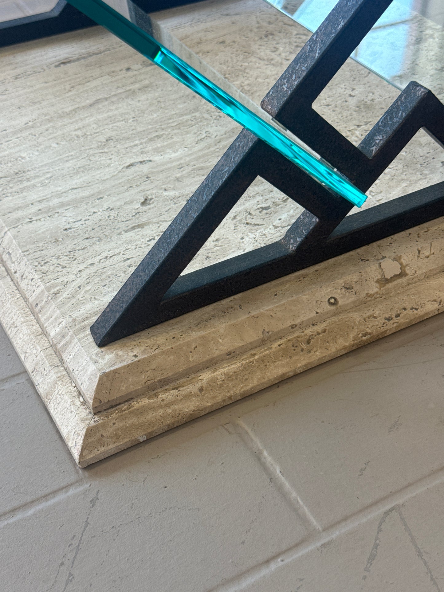 Postmodern Travertine and Glass Coffee Table