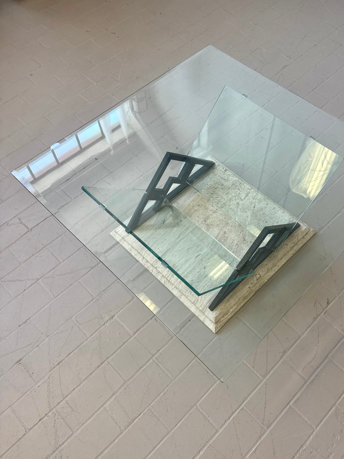 Postmodern Travertine and Glass Coffee Table