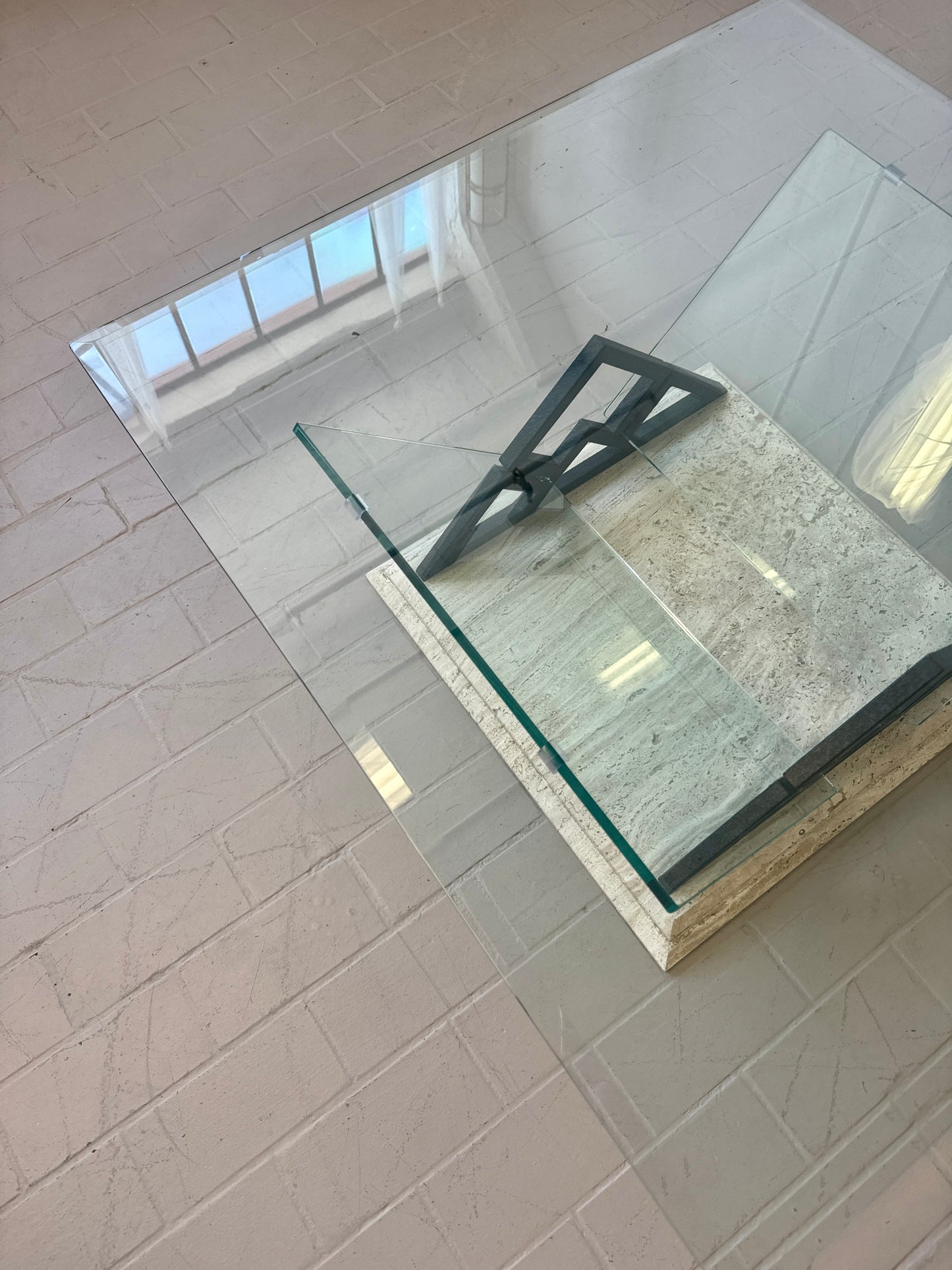 Postmodern Travertine and Glass Coffee Table