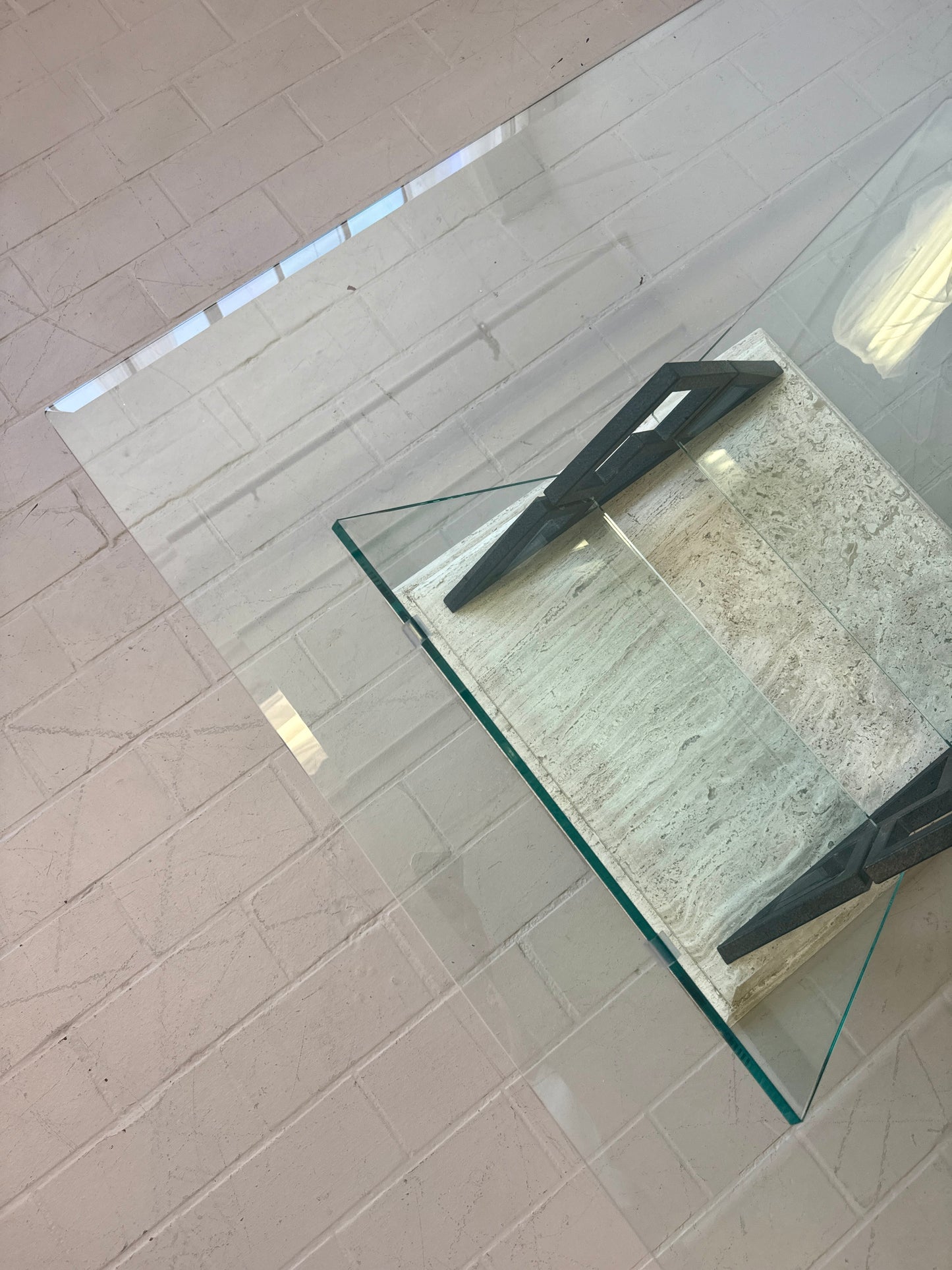 Postmodern Travertine and Glass Coffee Table