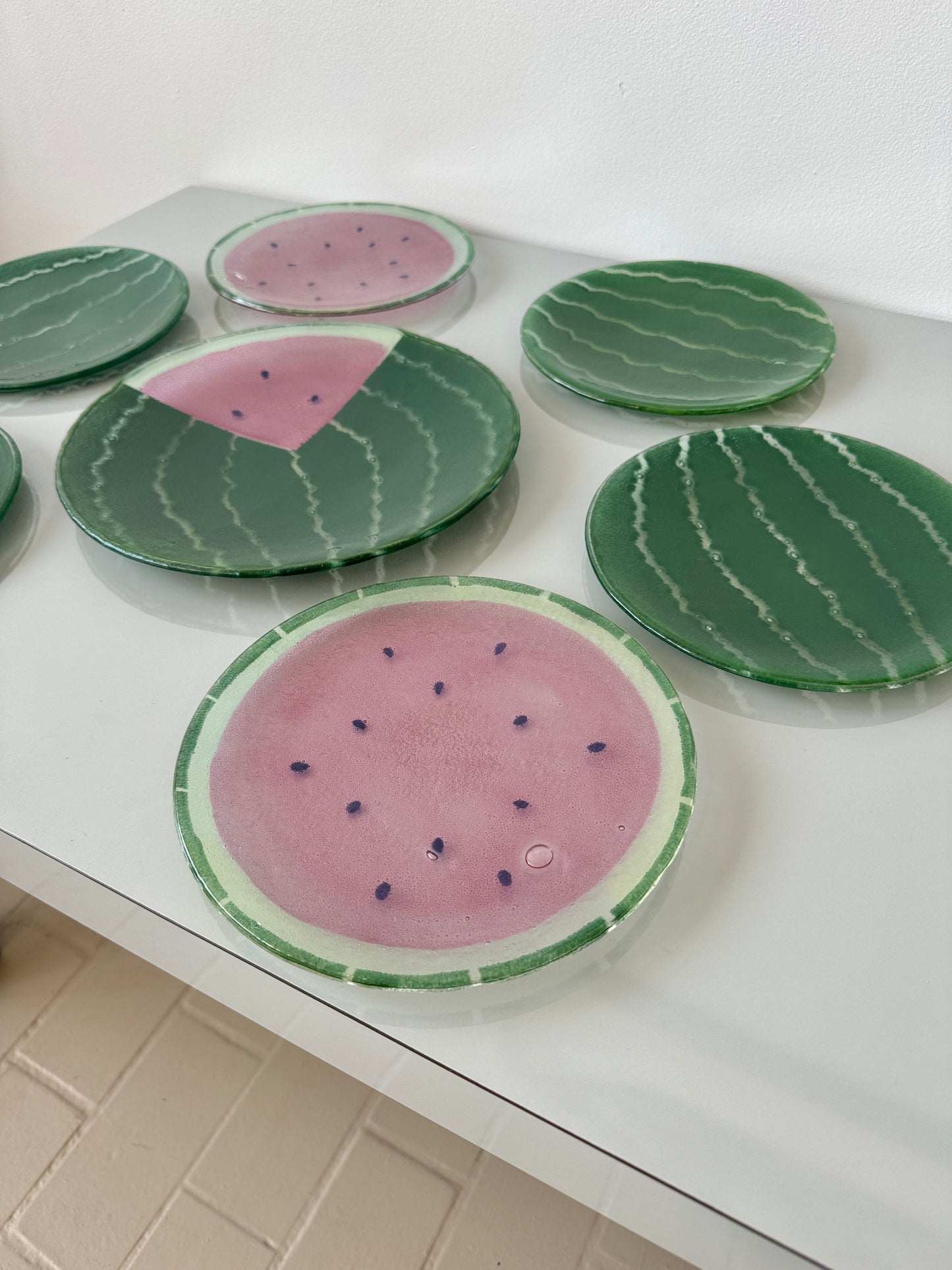 Vintage Kathleen Eggert Fused Glass Watermelon Plate Set