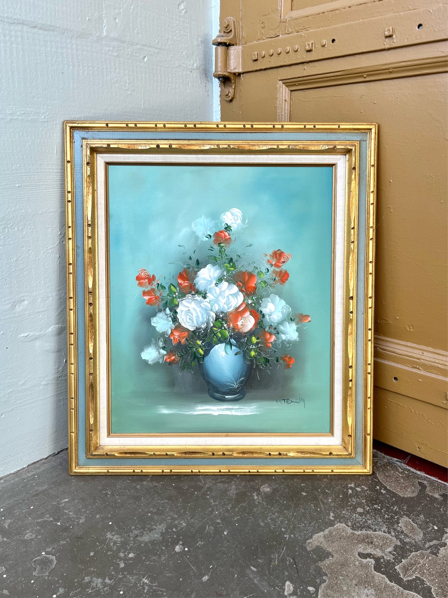 Vintage Carved Wood Framed Floral Oil Painting