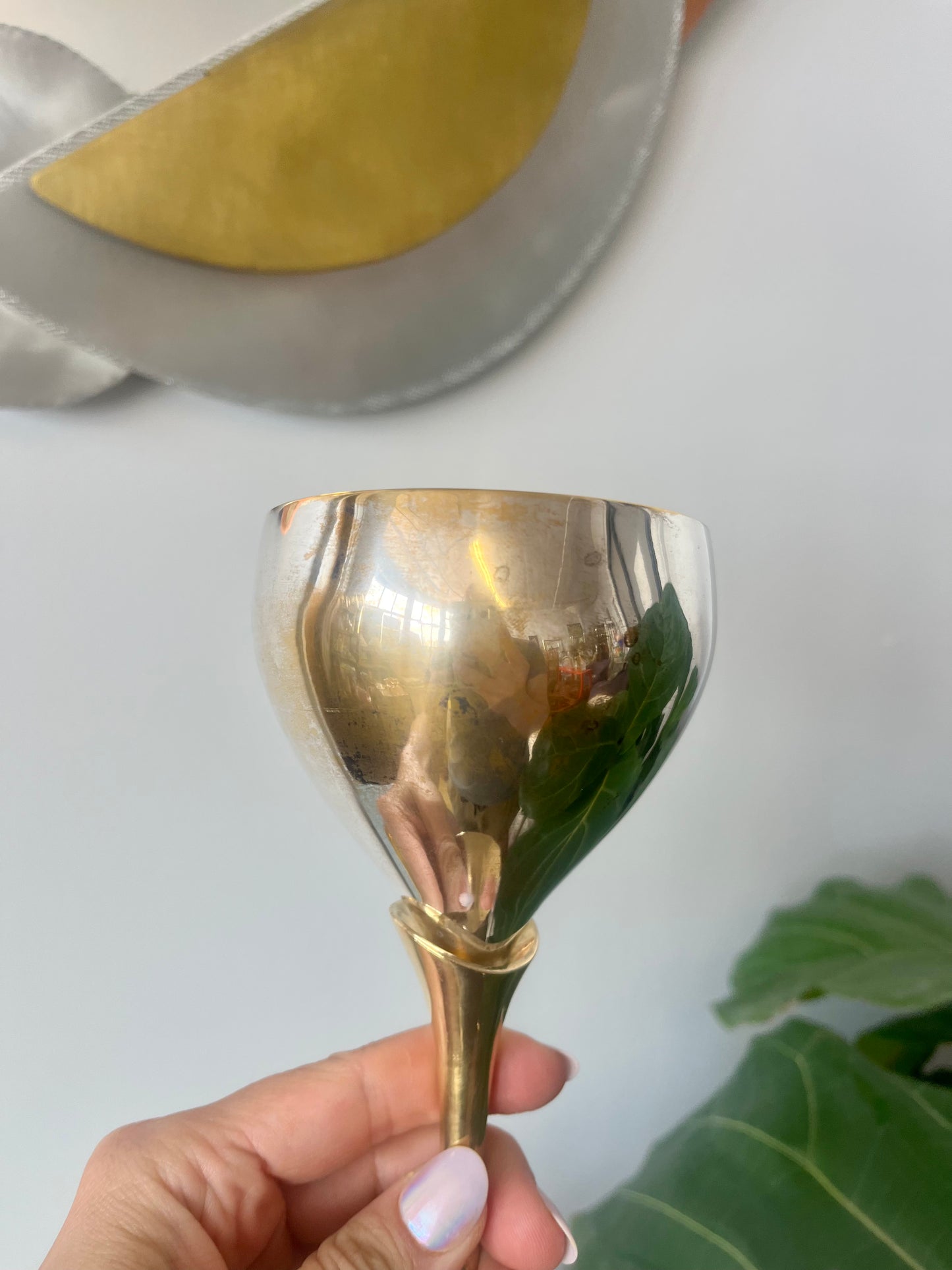 Vintage Brass and Silverplate Tulip Stem Wine Goblets