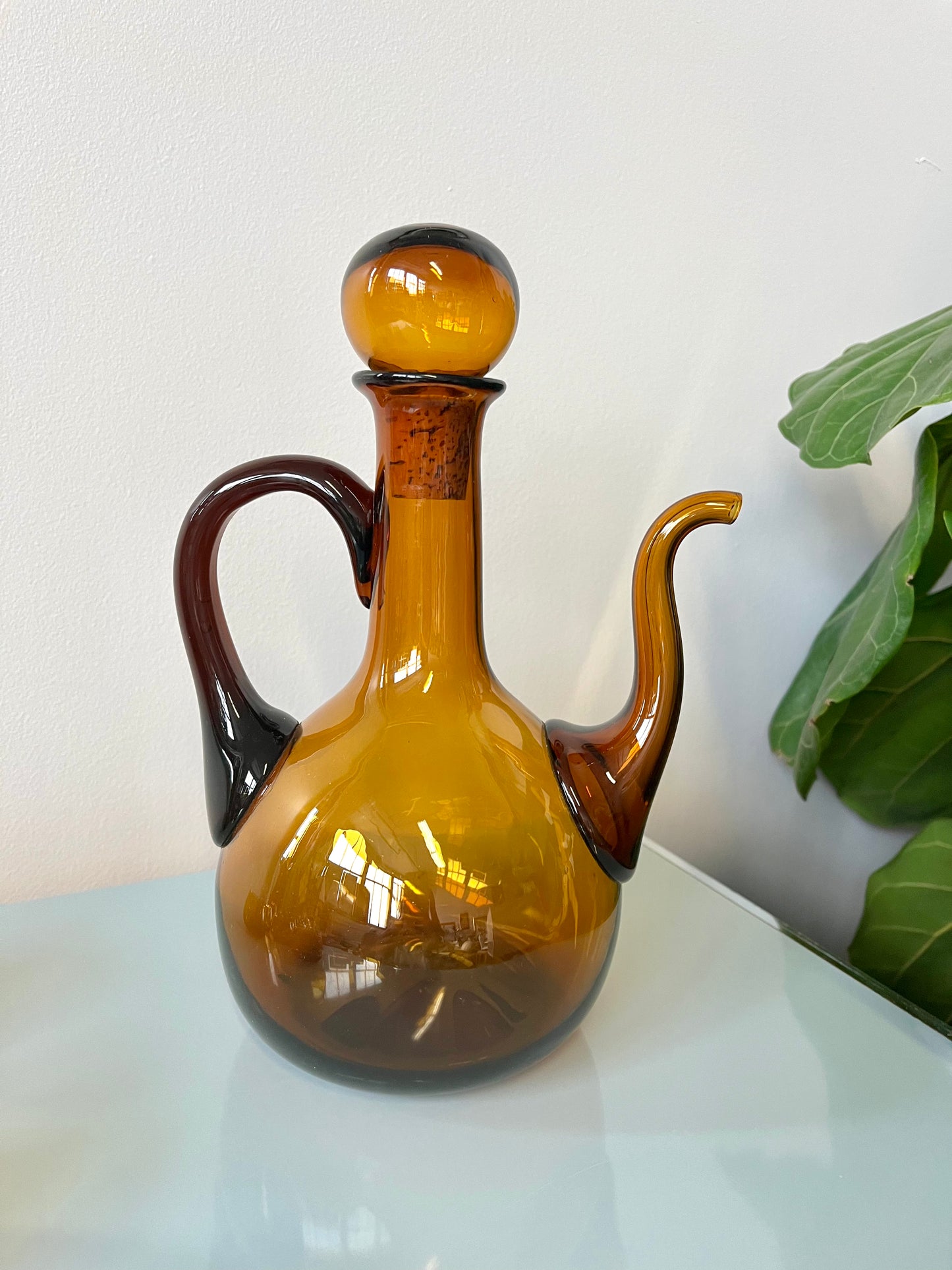 Vintage MCM Handblown Amber Glass Decanter and Cordial Set