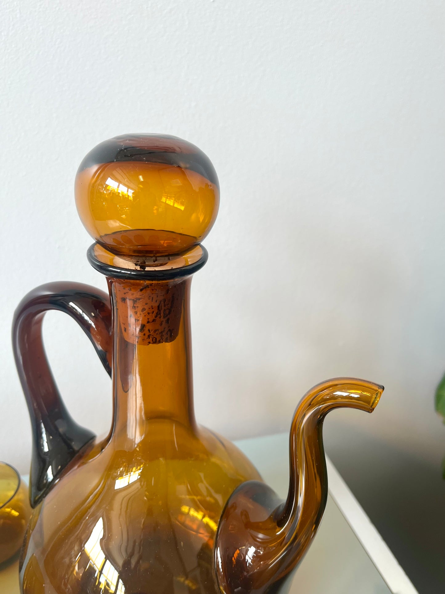 Vintage MCM Handblown Amber Glass Decanter and Cordial Set