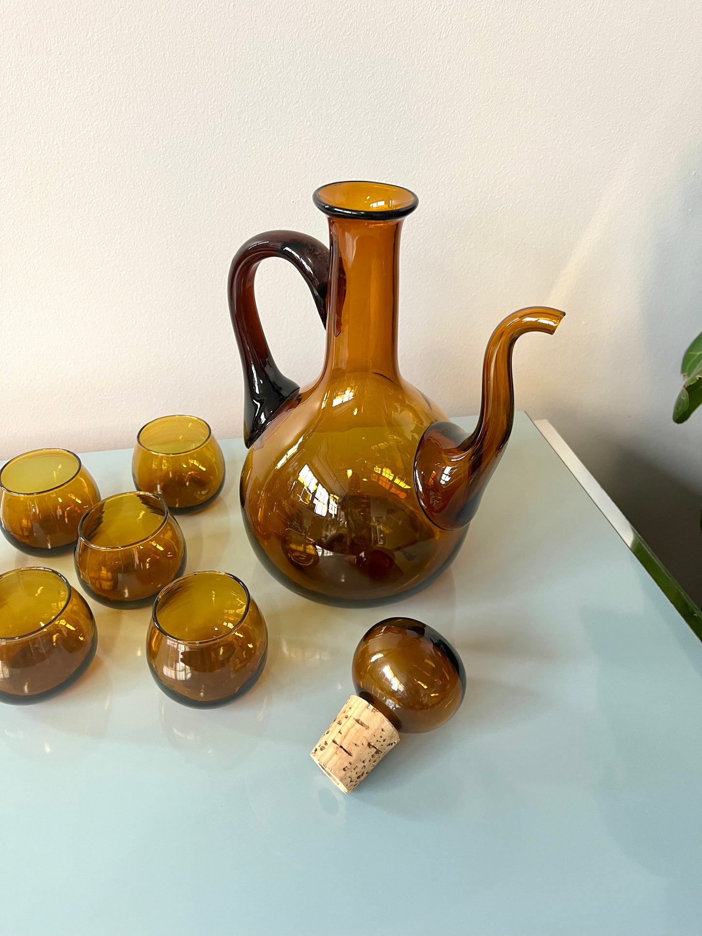 Vintage MCM Handblown Amber Glass Decanter and Cordial Set