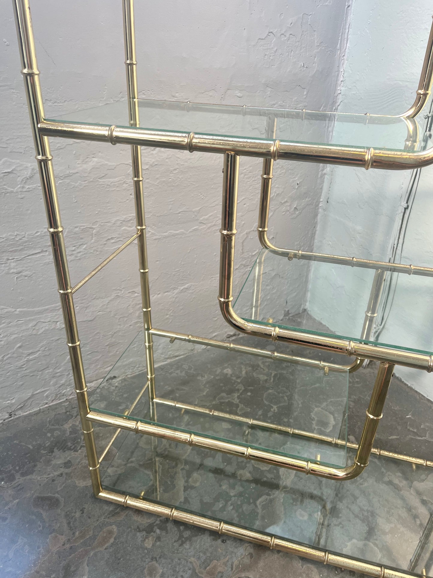 Vintage Faux Bamboo Five-tier Brass and Glass Etagere