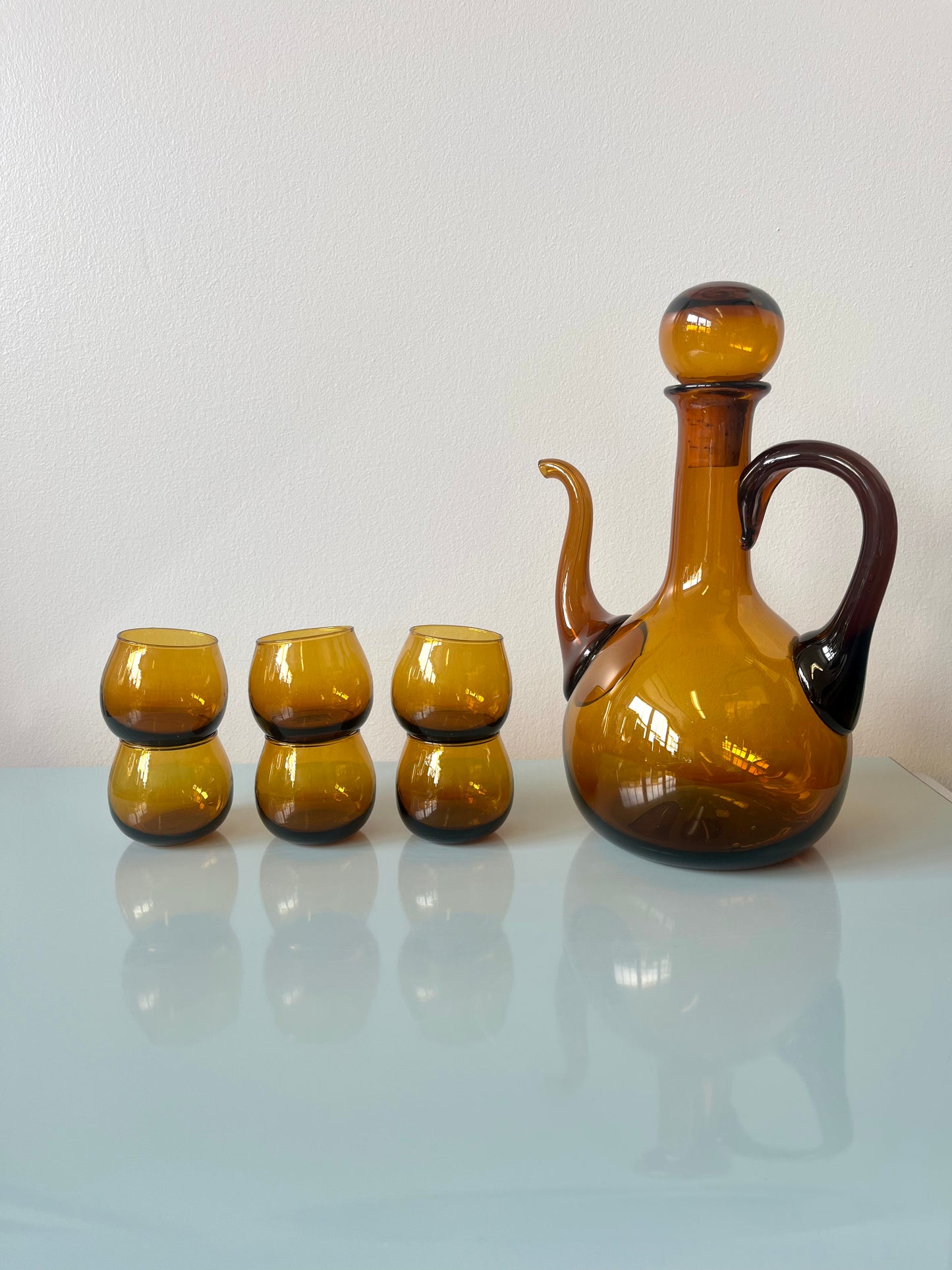 Vintage MCM Handblown Amber Glass Decanter and Cordial Set