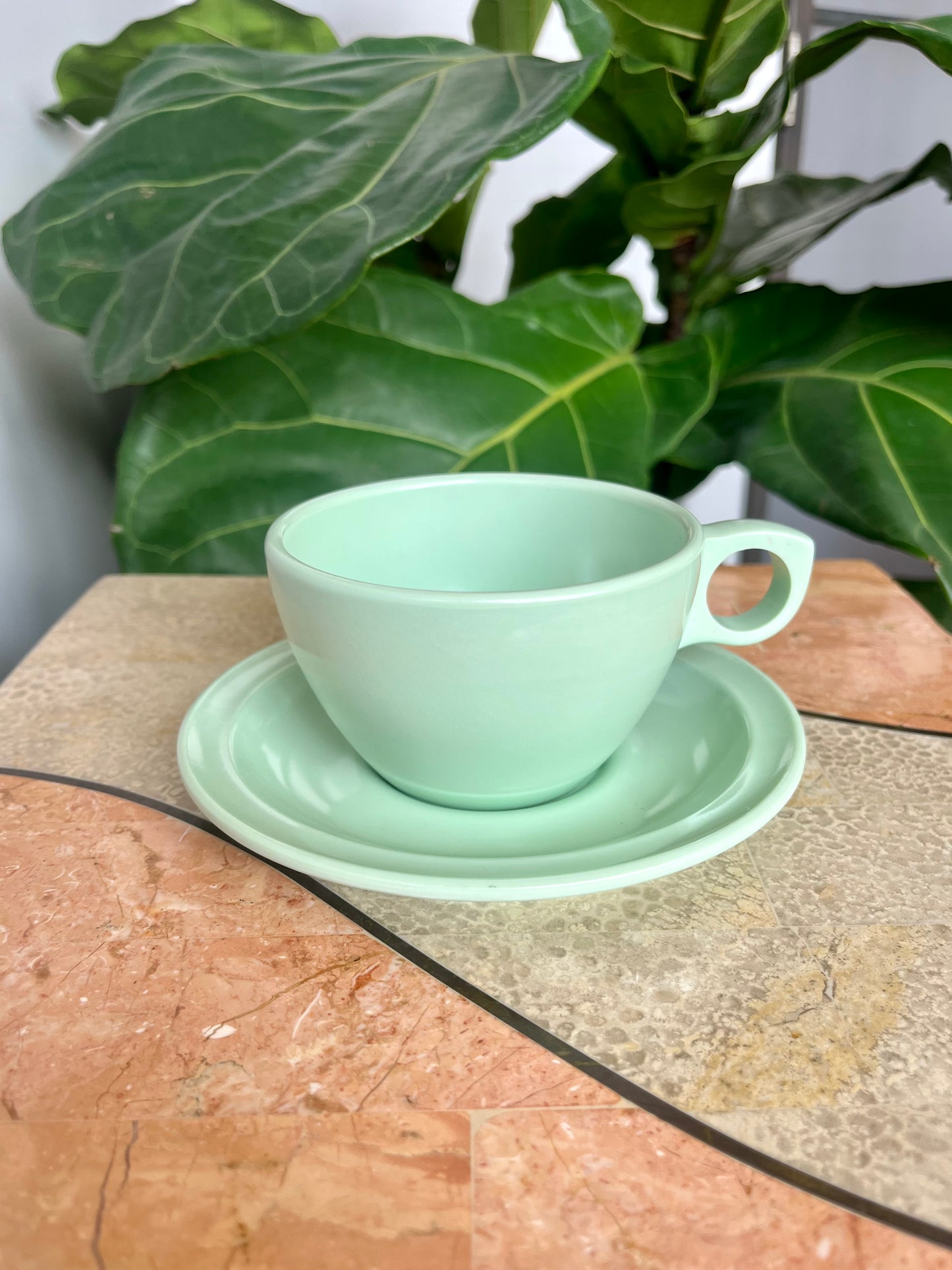 Vintage Mint Green Melmac Picnic Set: Cups and Saucers & Lunch Plates