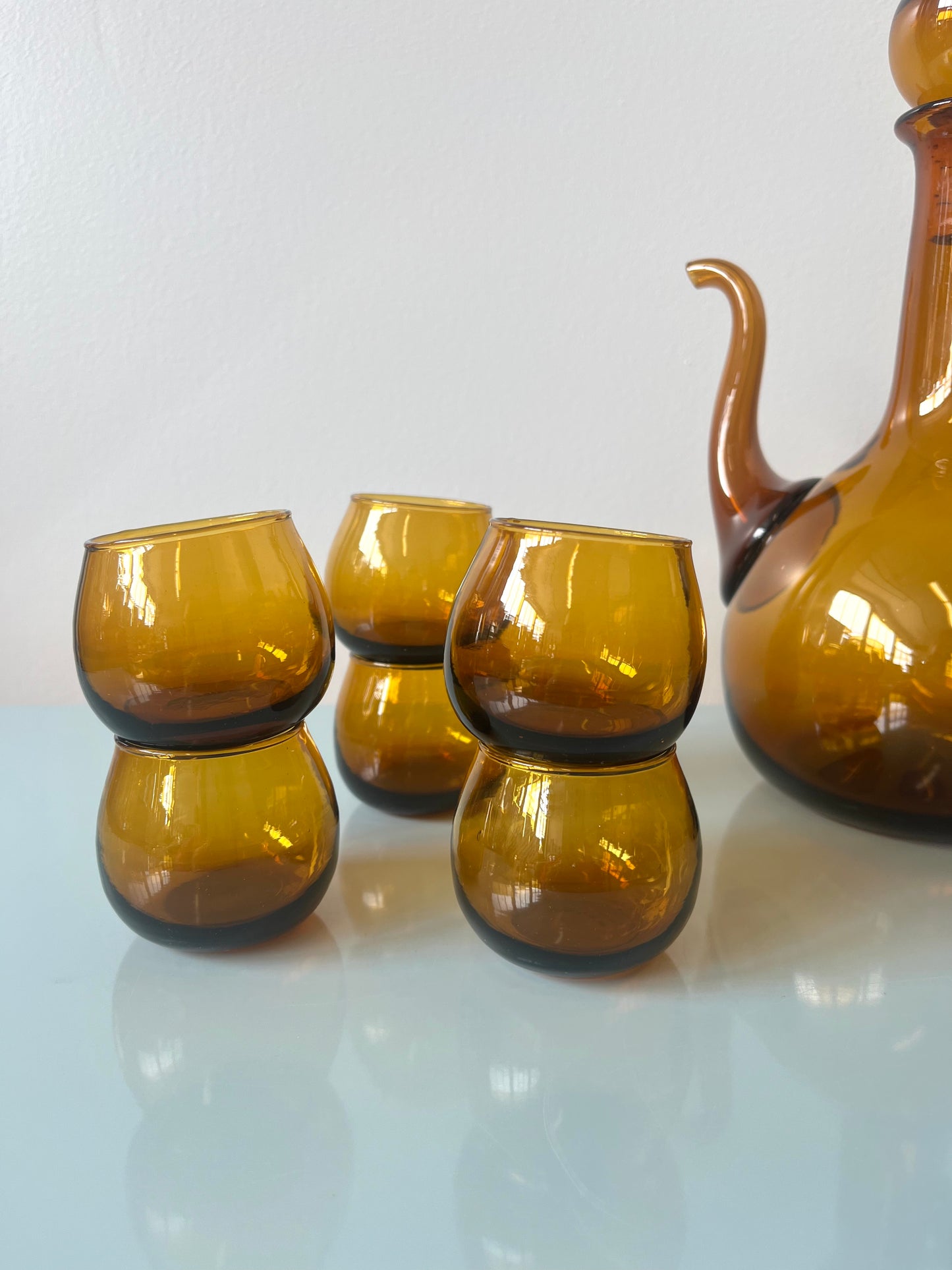 Vintage MCM Handblown Amber Glass Decanter and Cordial Set