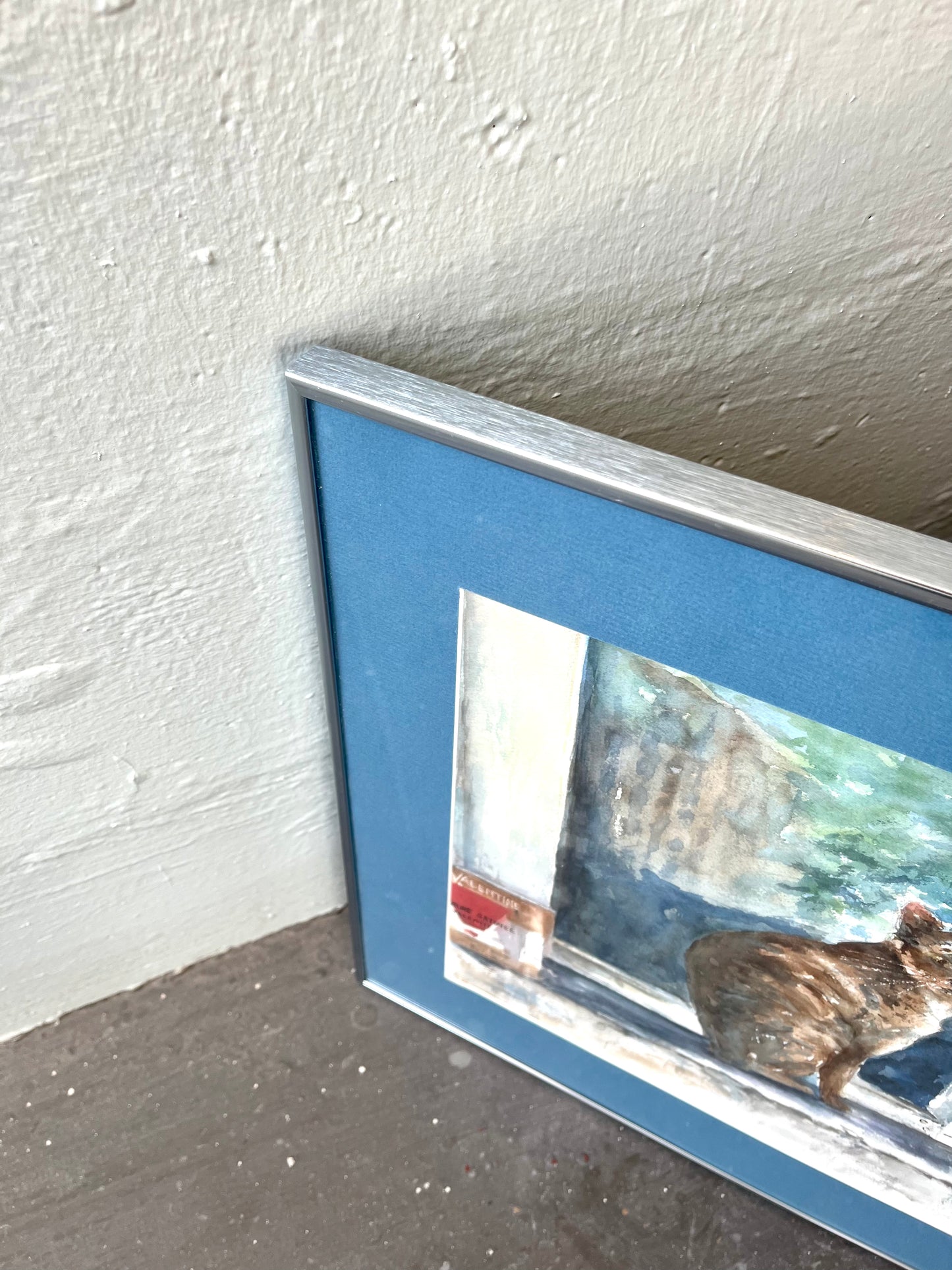 Framed and Signed Cat in Windowsill Watercolor