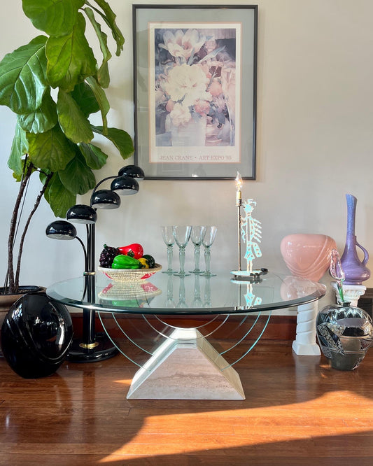 Vintage Postmodern Italian Travertine & Glass Coffee Table