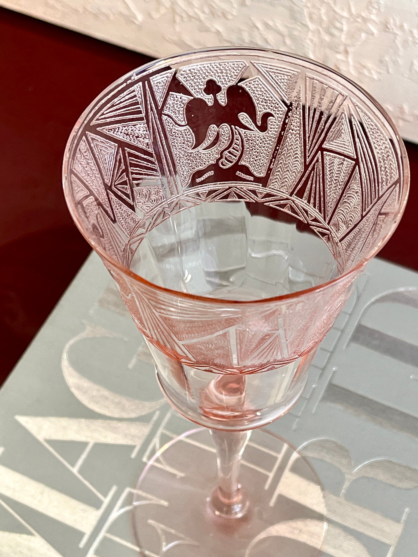 Vintage Glastonbury-Lotus La Furiste Rose etched wine and champagne glasses