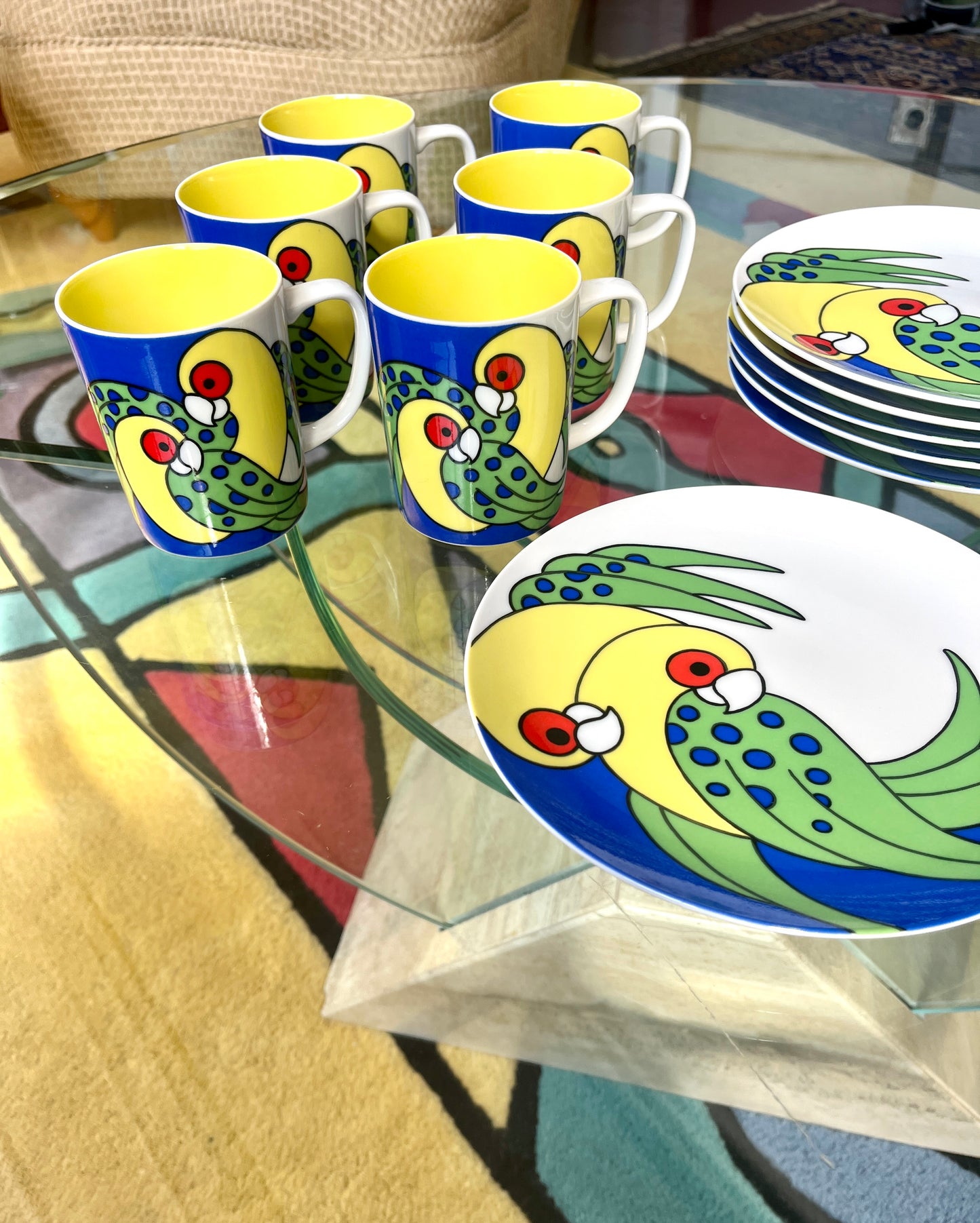 Vintage 1979 Fitz & Floyd Variations Tropical Parrot Porcelain Dessert Plates and Coffee Mugs - 12 pc