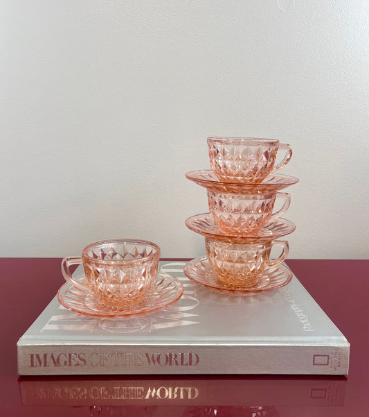 Vintage Pink Depression Glass Cups & Saucers