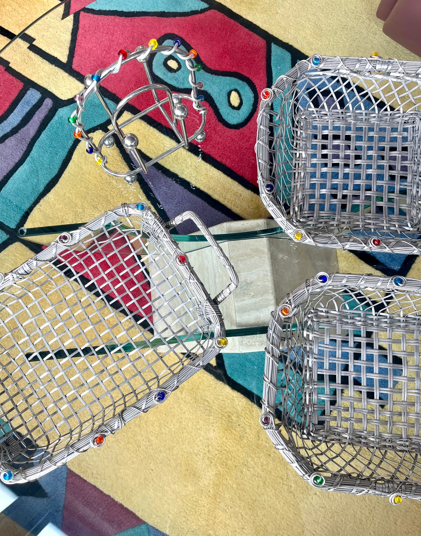 Vintage Postmodern Woven Wire Baskets & Napkin Holder