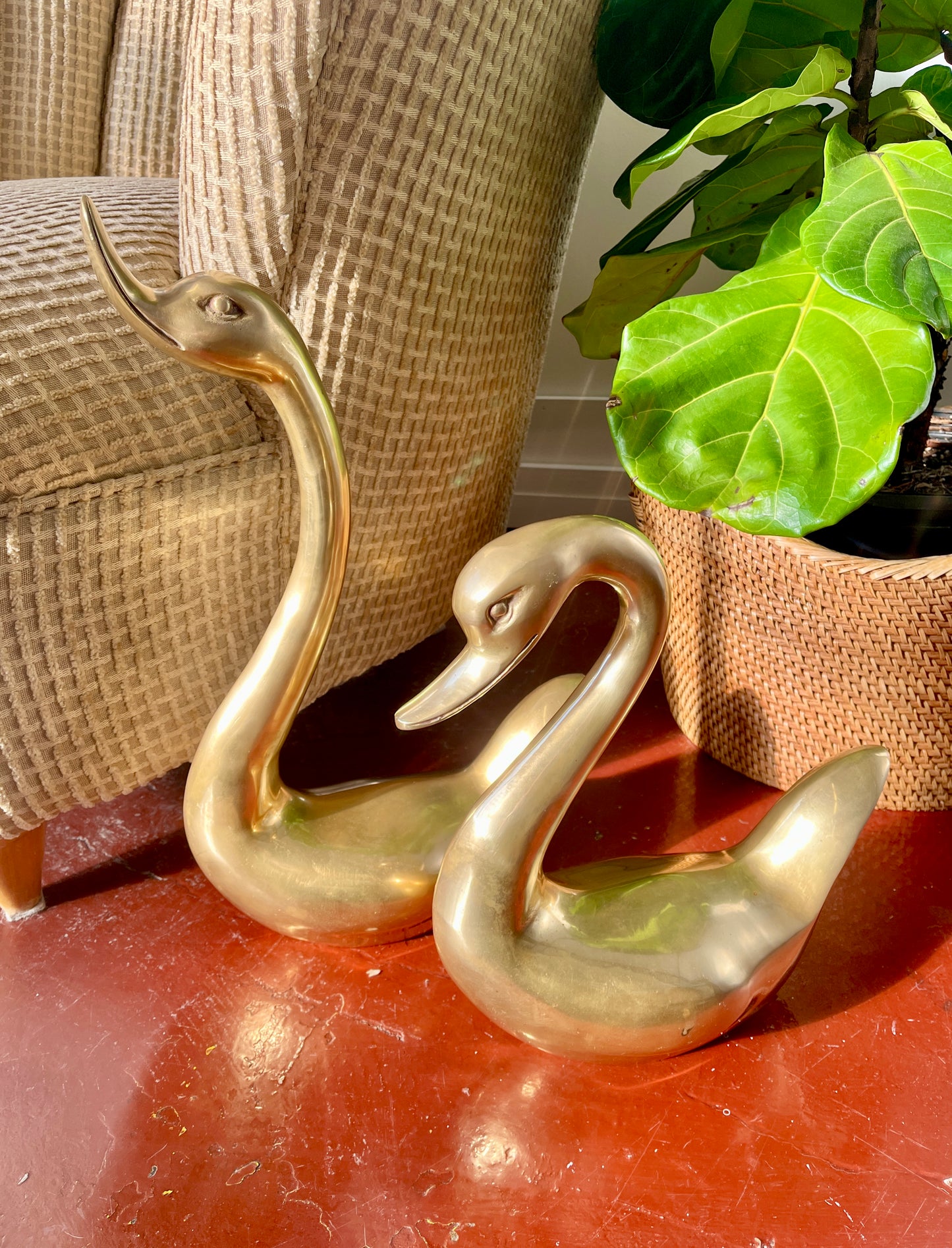 Pair Large Vintage Brass Swans