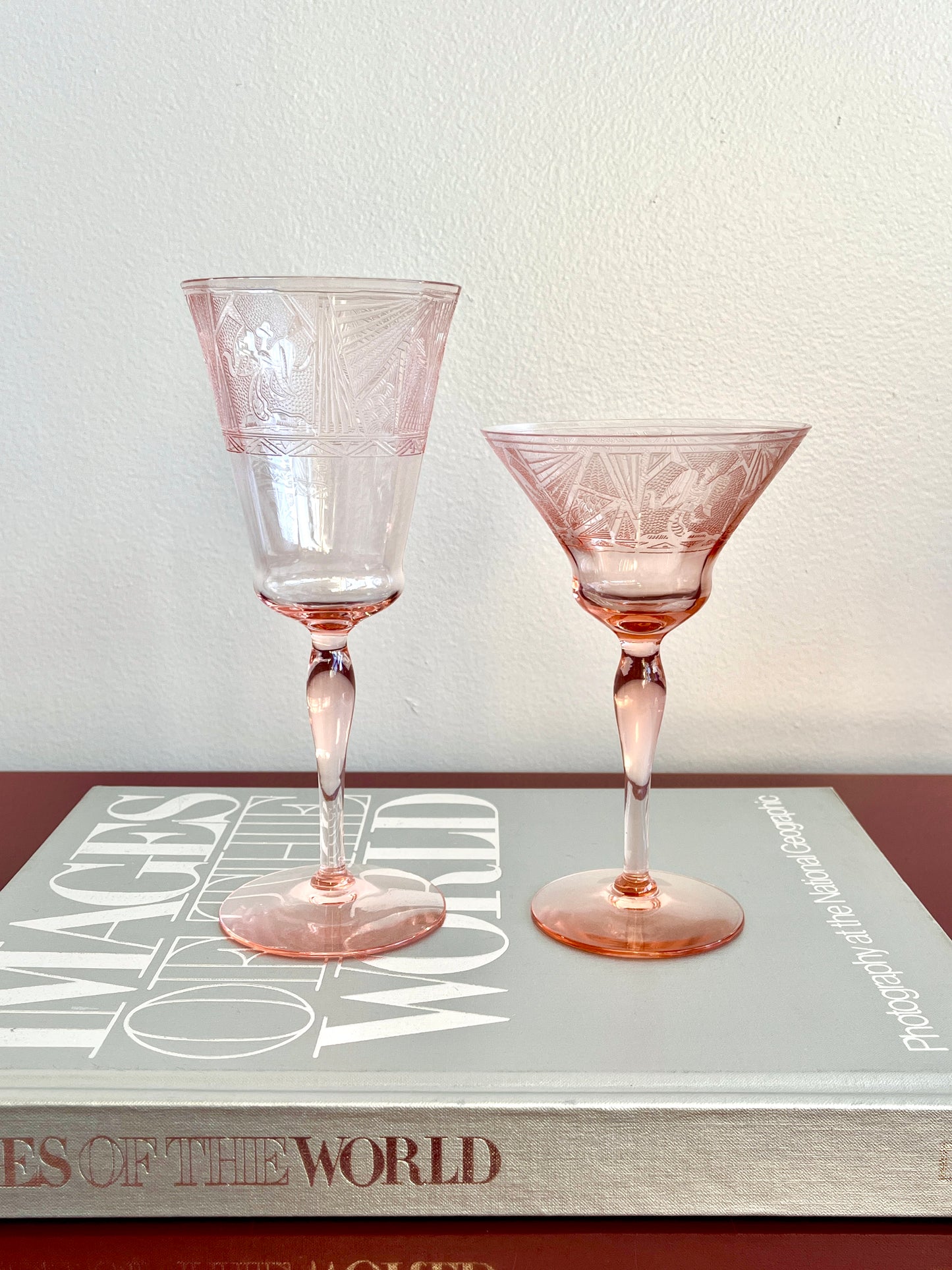 Vintage Glastonbury-Lotus La Furiste Rose etched wine and champagne glasses