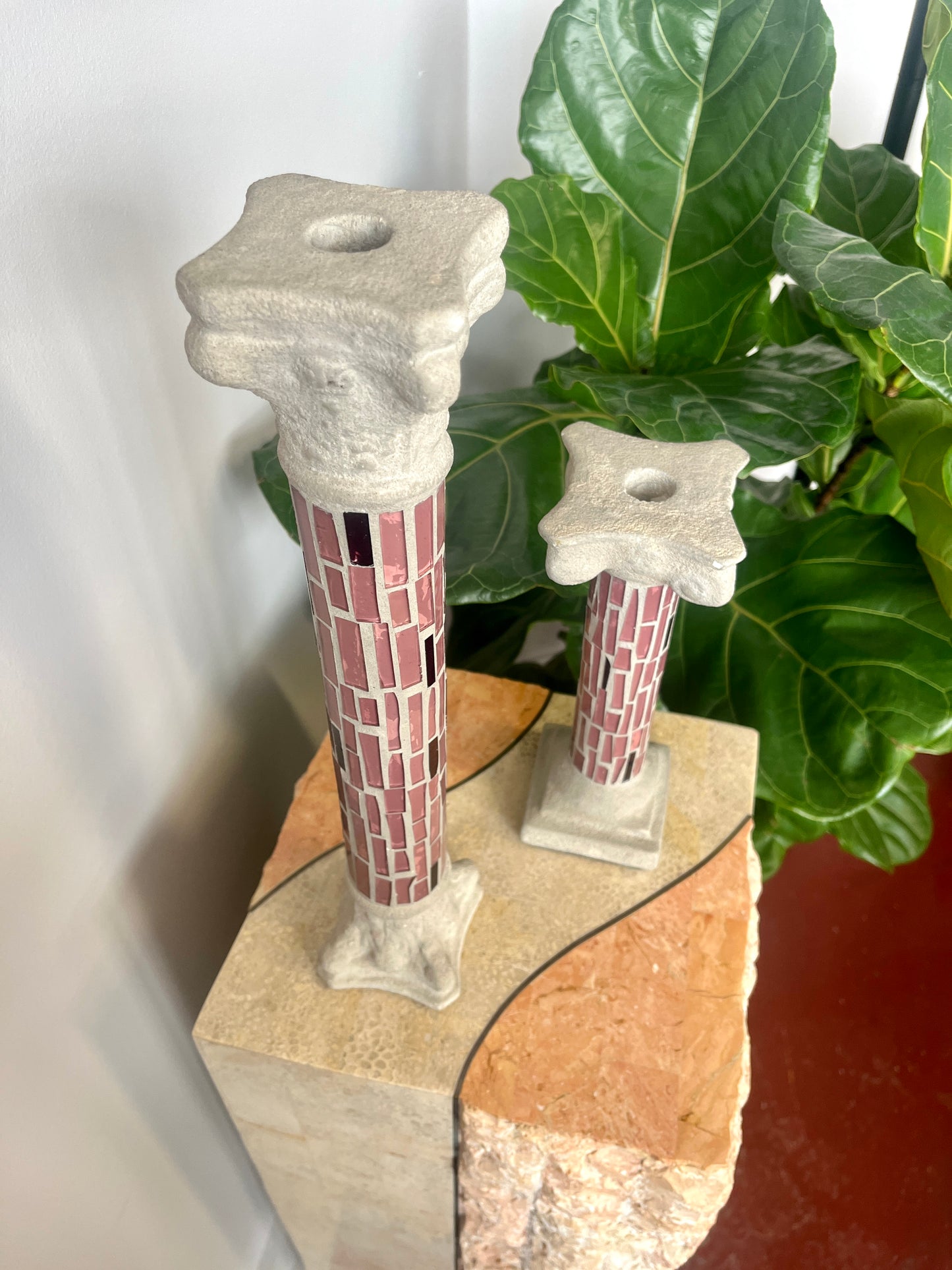 Vintage Stained Glass and Cement Candlesticks