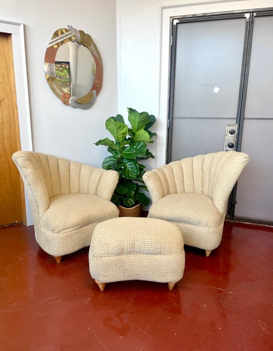Three Piece Set Kagan-style Fan Back Lounge Chairs & Ottoman