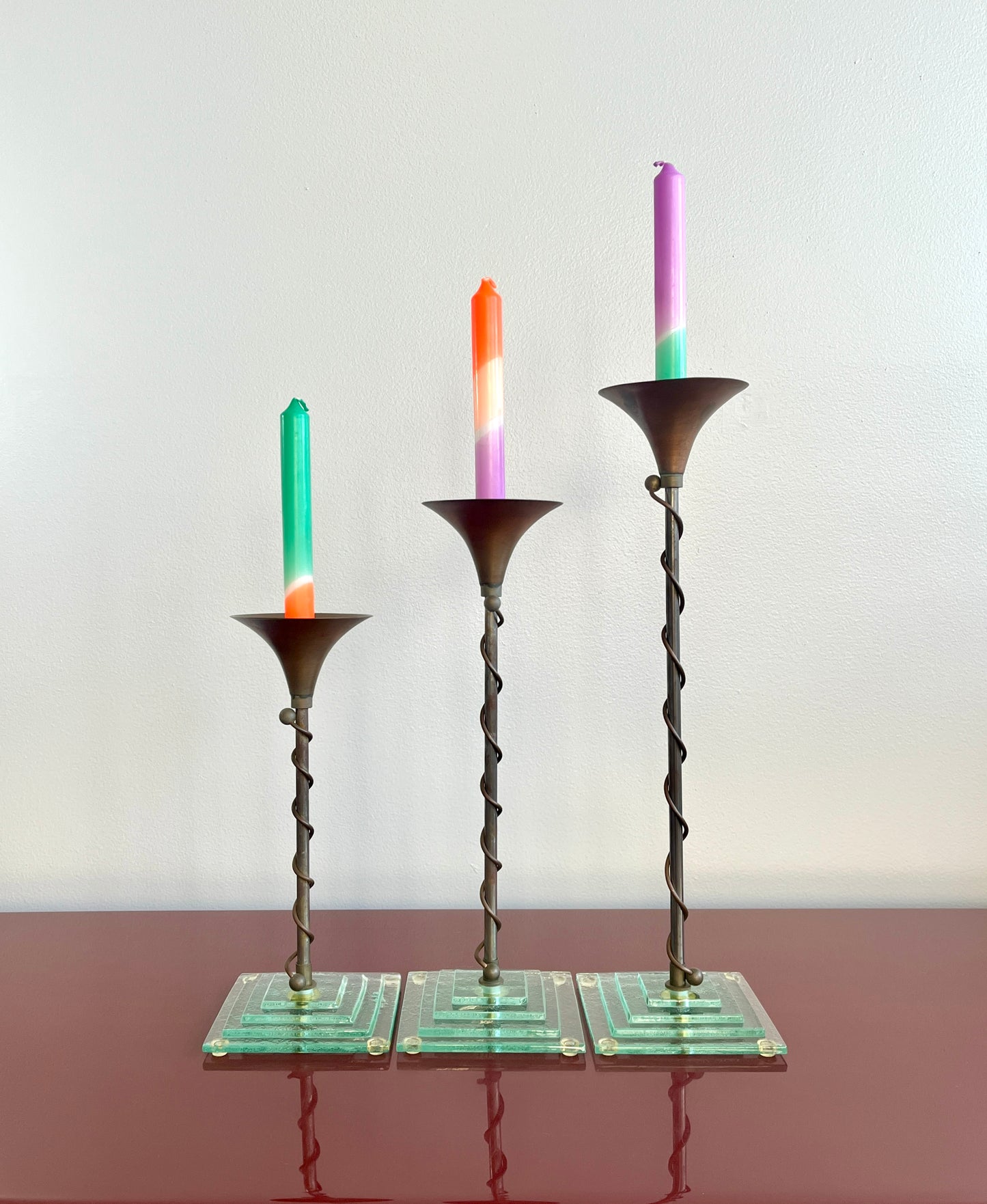 Mixed Metal and Art Glass Candlestick Trio