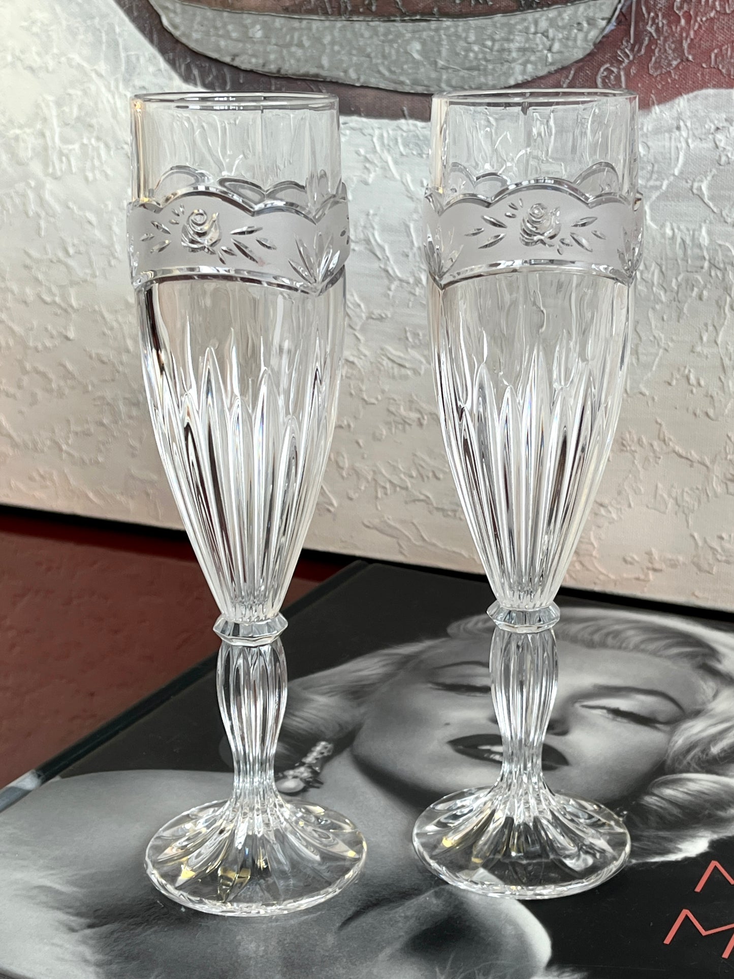 Vintage 90s Oneida Crystal “Southern Garden” Champagne Flutes