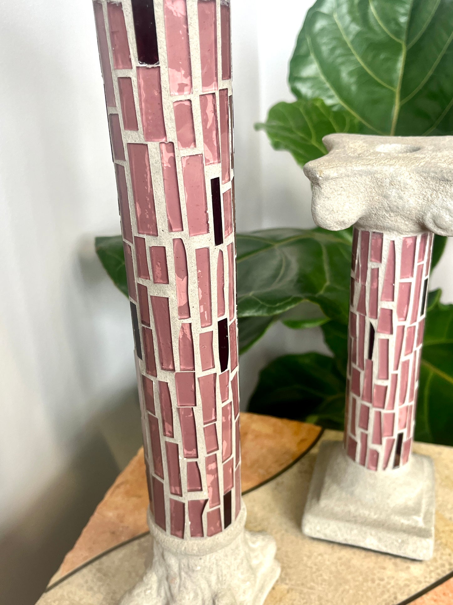 Vintage Stained Glass and Cement Candlesticks