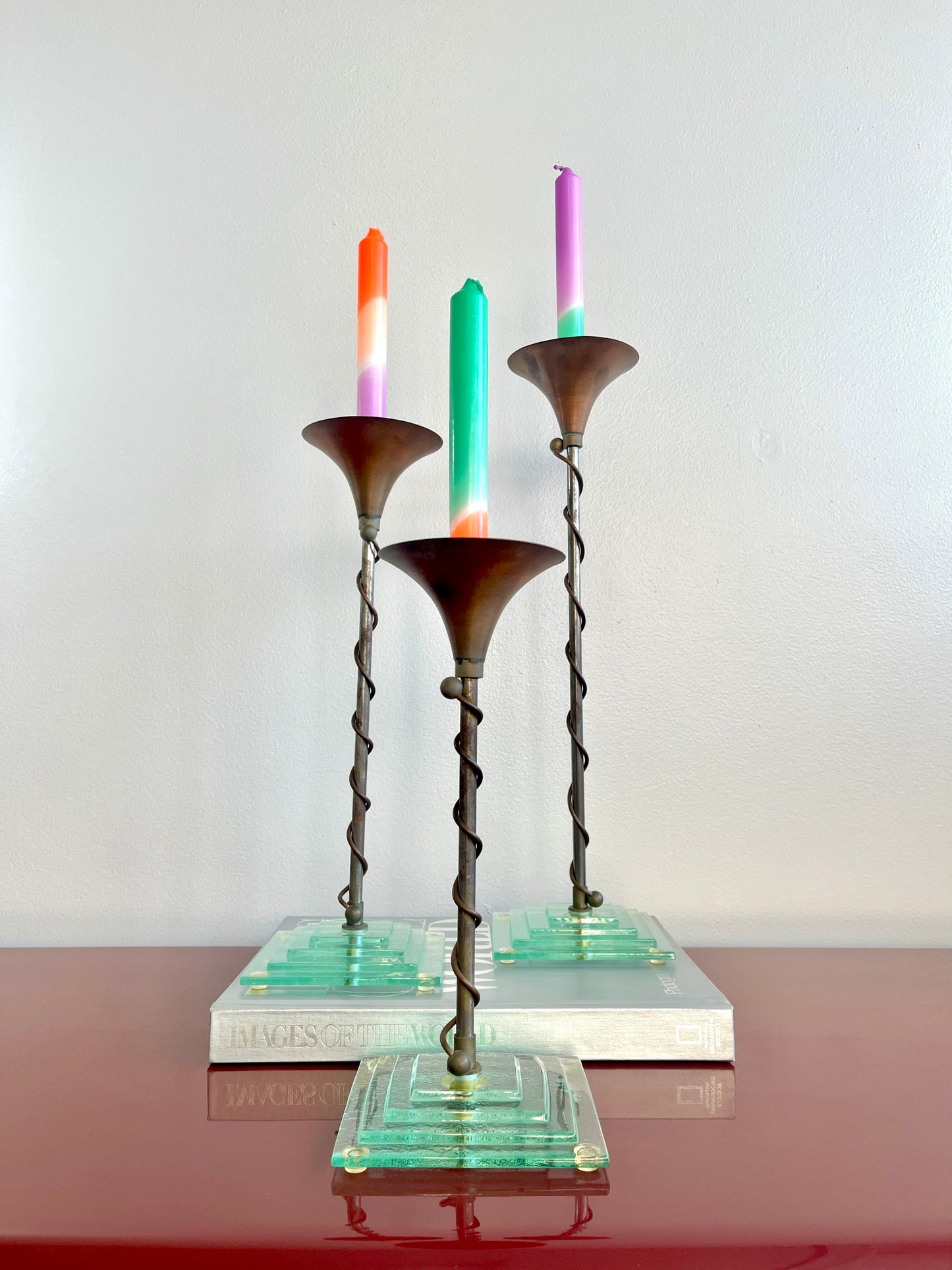 Mixed Metal and Art Glass Candlestick Trio