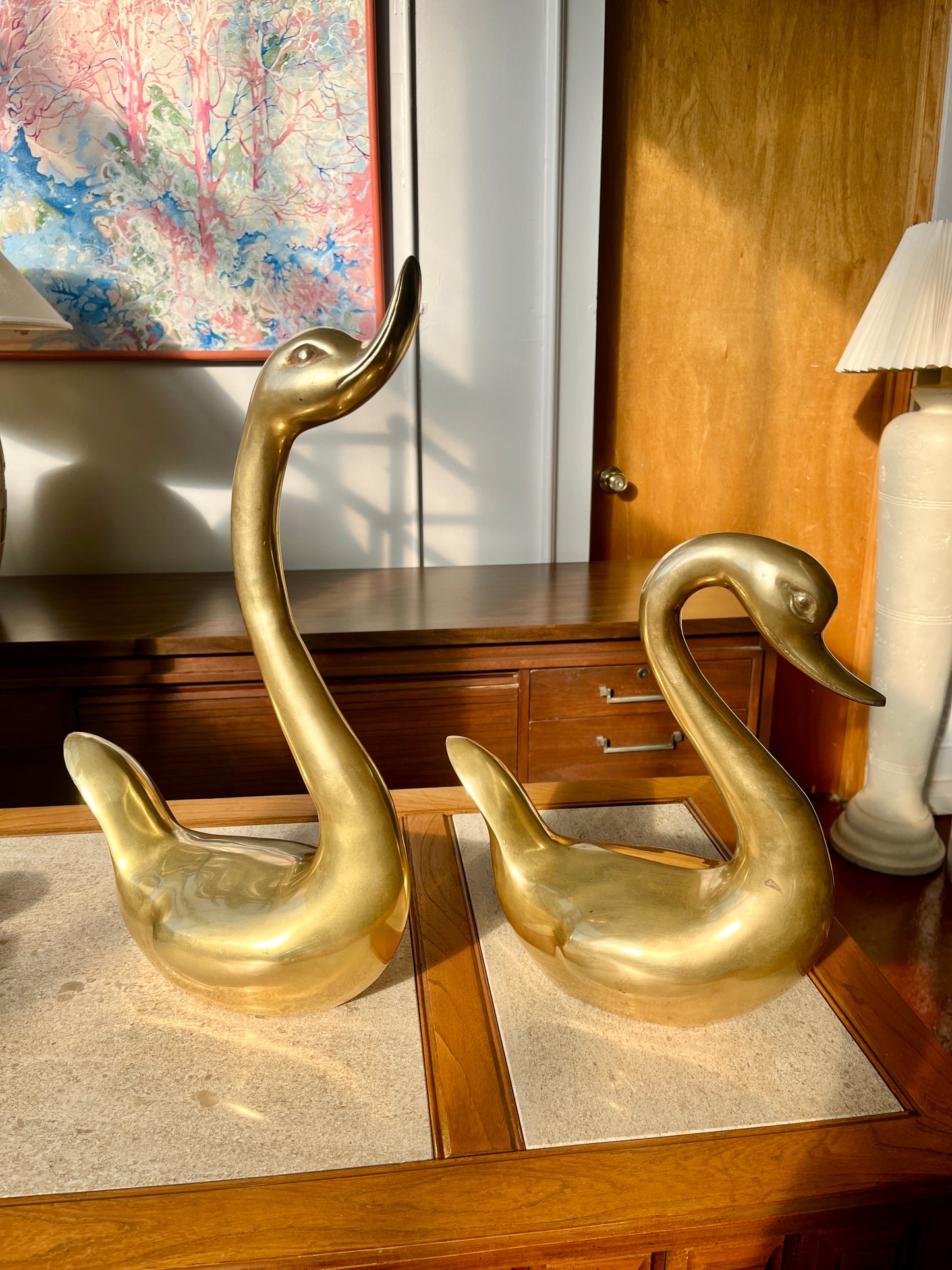 Pair Large Vintage Brass Swans