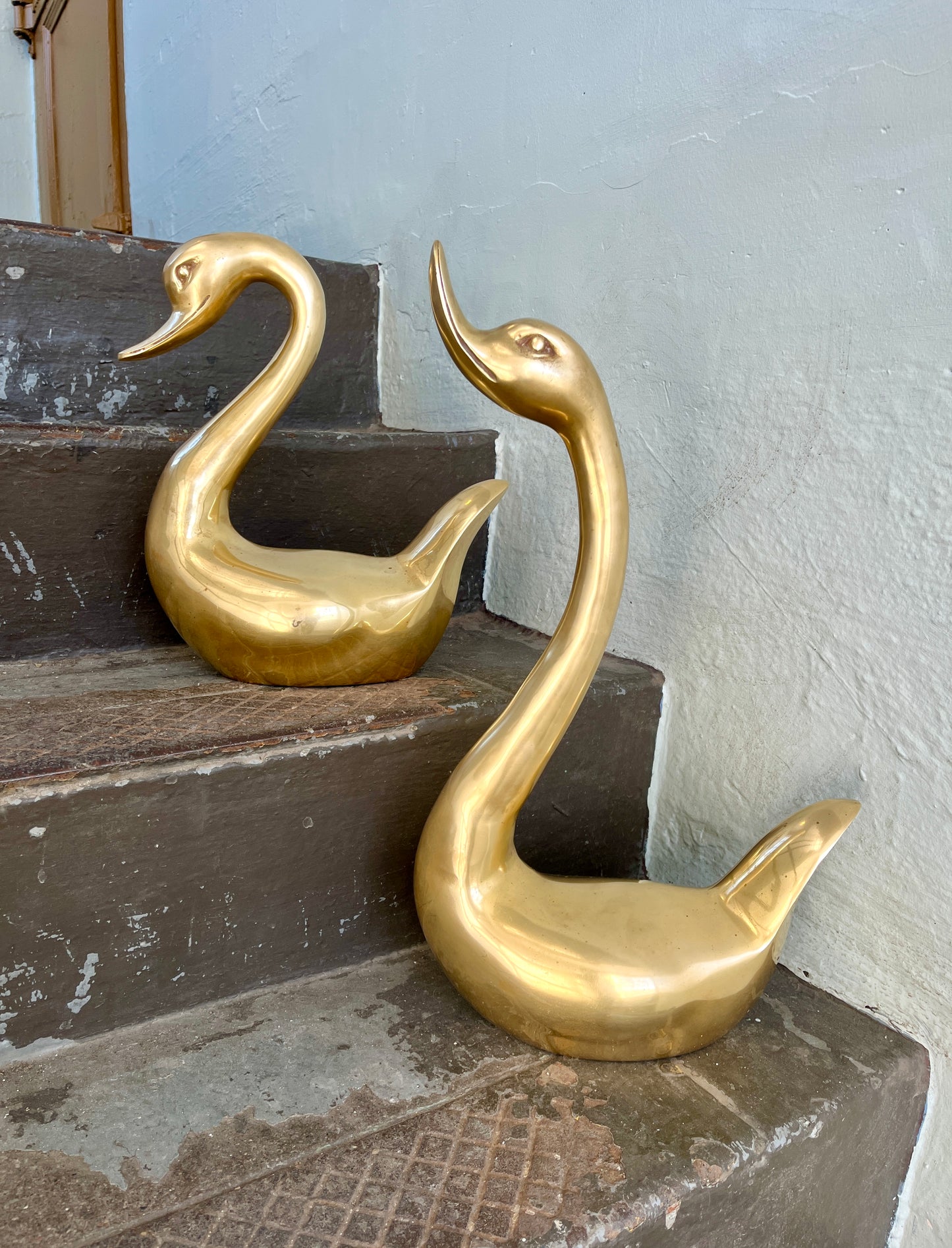 Pair Large Vintage Brass Swans