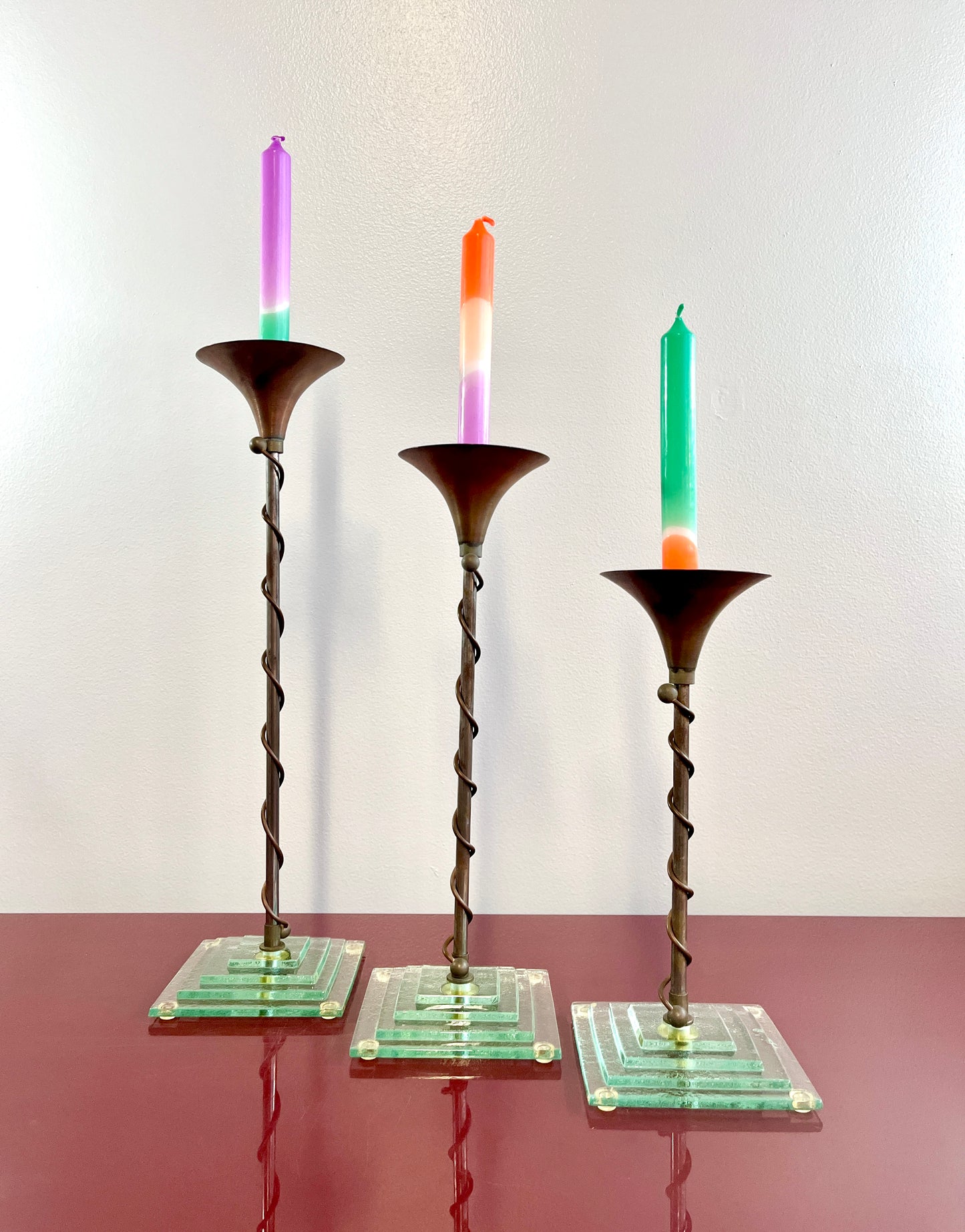 Mixed Metal and Art Glass Candlestick Trio