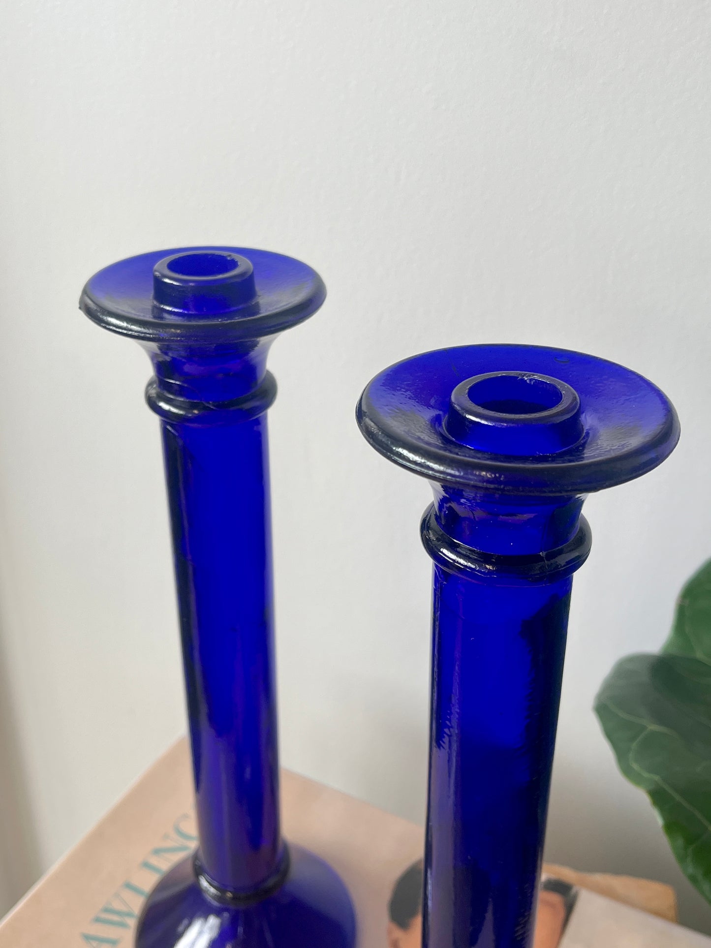 Vintage Cobalt Glass Column Candlesticks