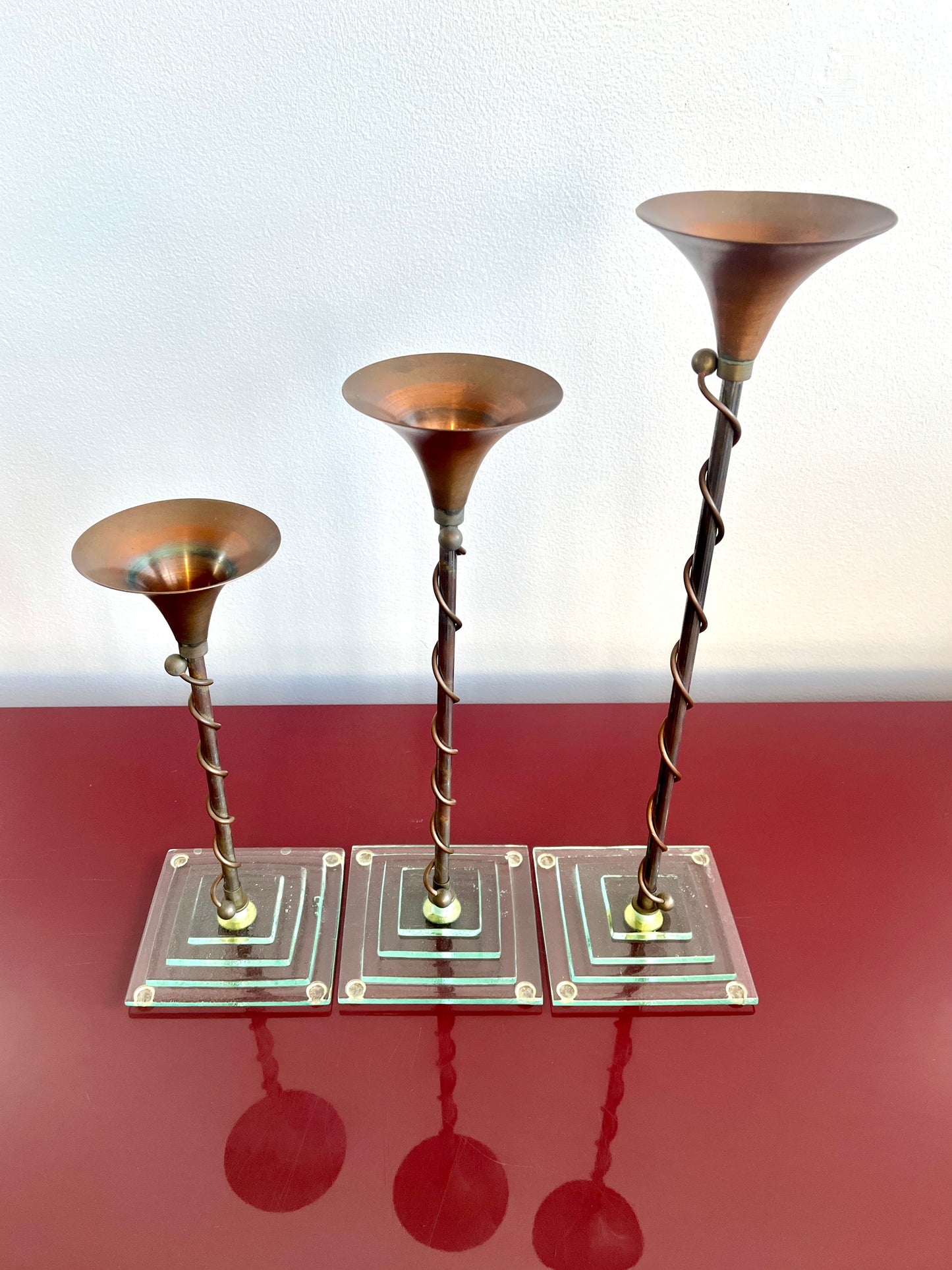 Mixed Metal and Art Glass Candlestick Trio