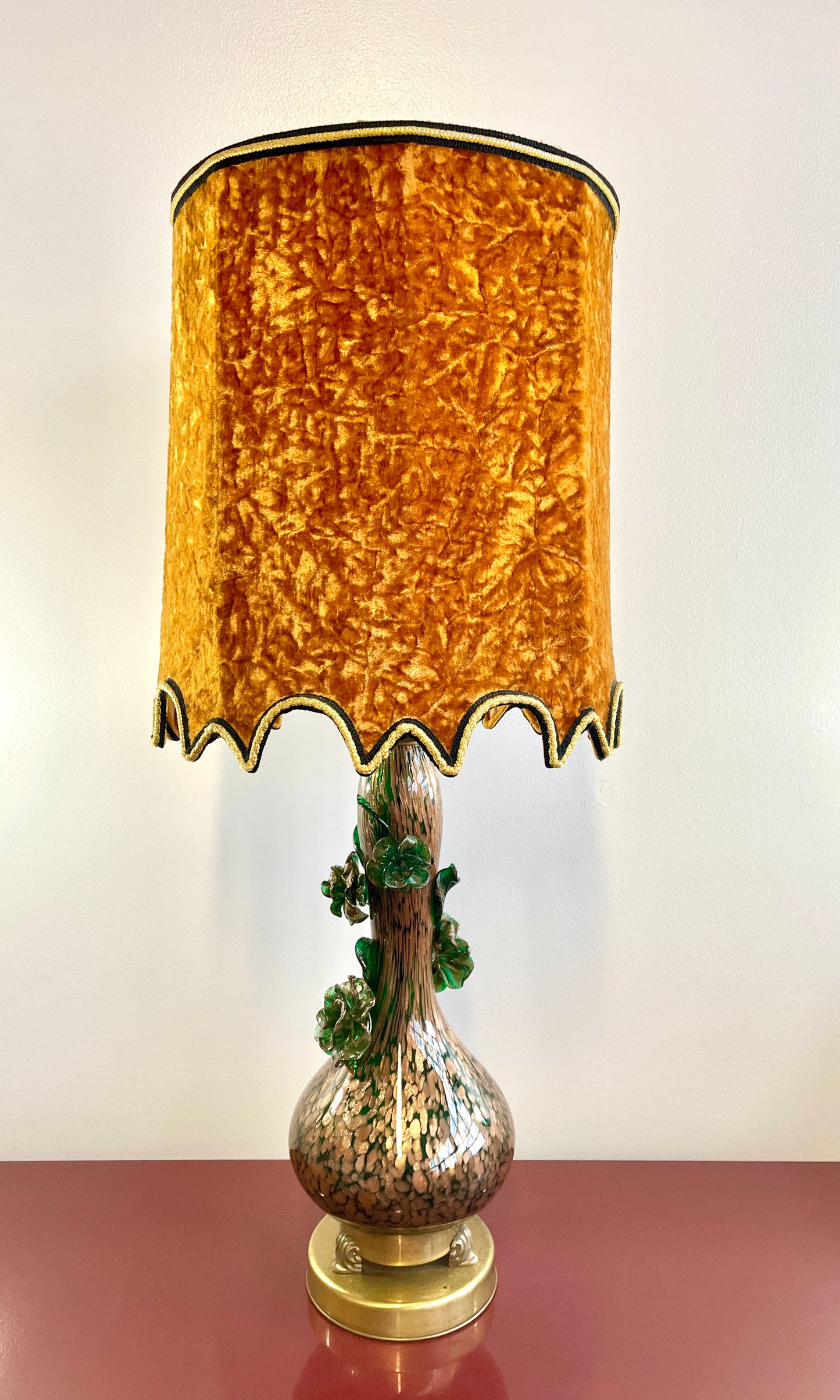 Mid-century Murano Glass Lamp with Applied Roses
