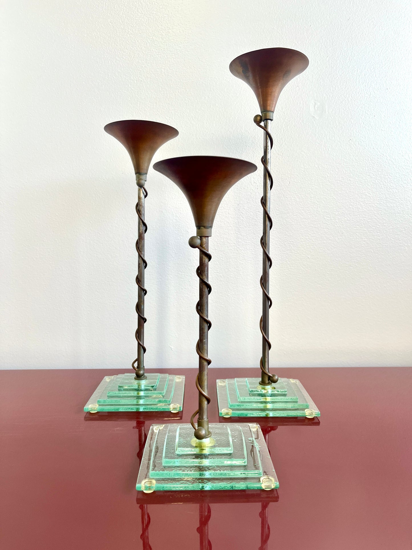 Mixed Metal and Art Glass Candlestick Trio