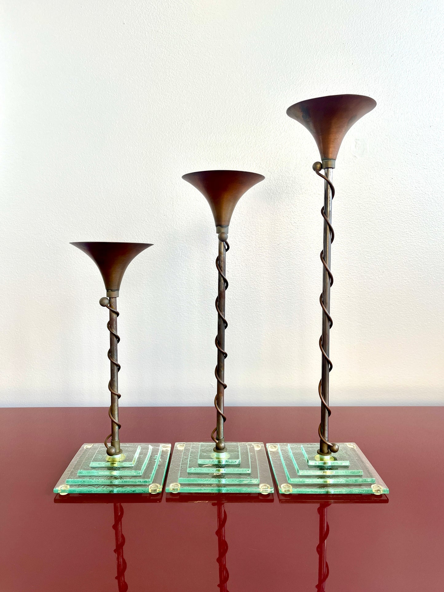 Mixed Metal and Art Glass Candlestick Trio