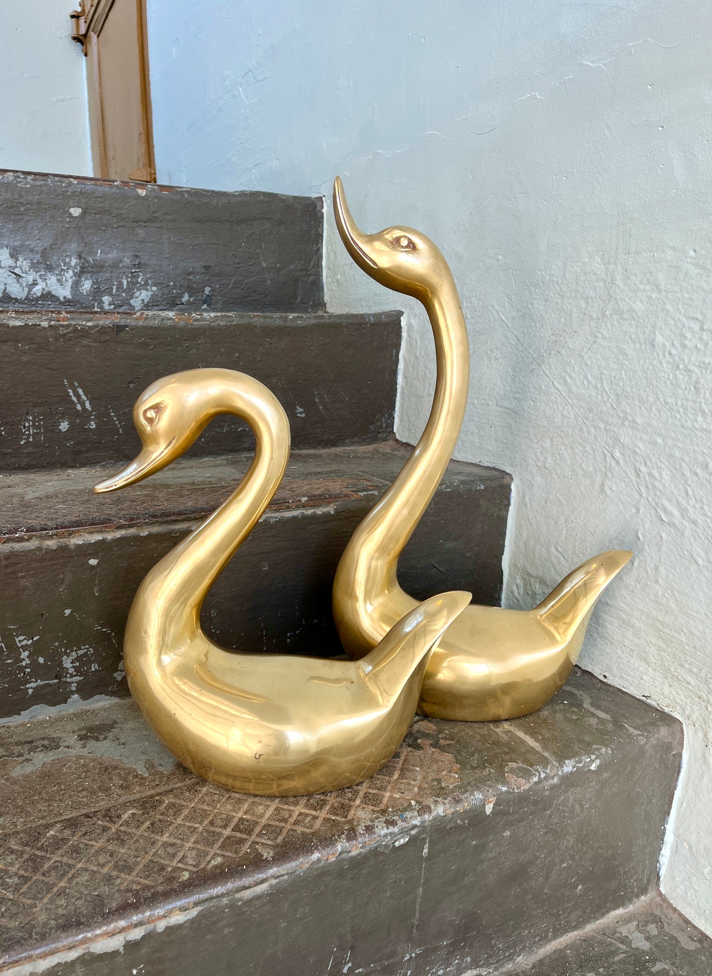 Pair Large Vintage Brass Swans