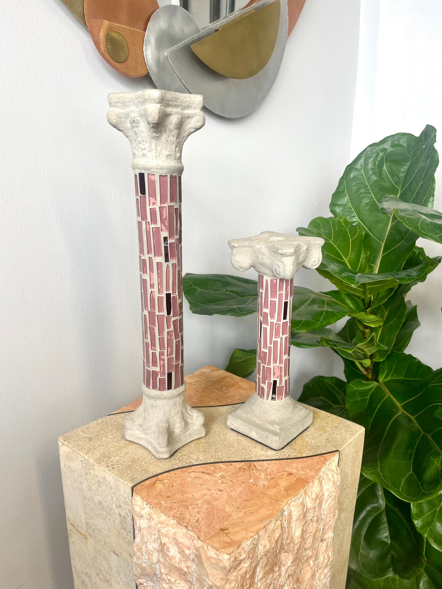 Vintage Stained Glass and Cement Candlesticks