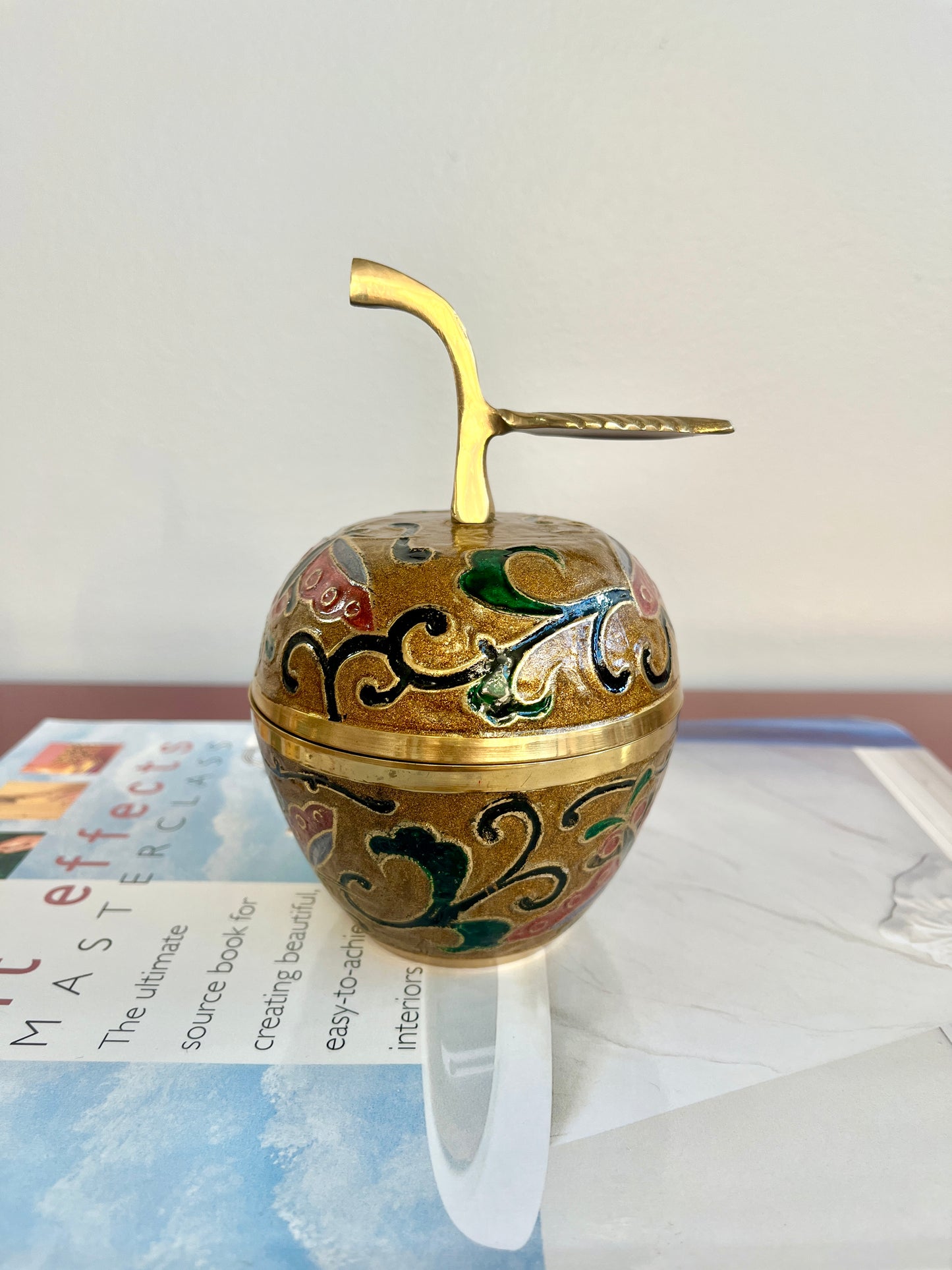 Vintage Brass Cloisonné Apple Trinket Box