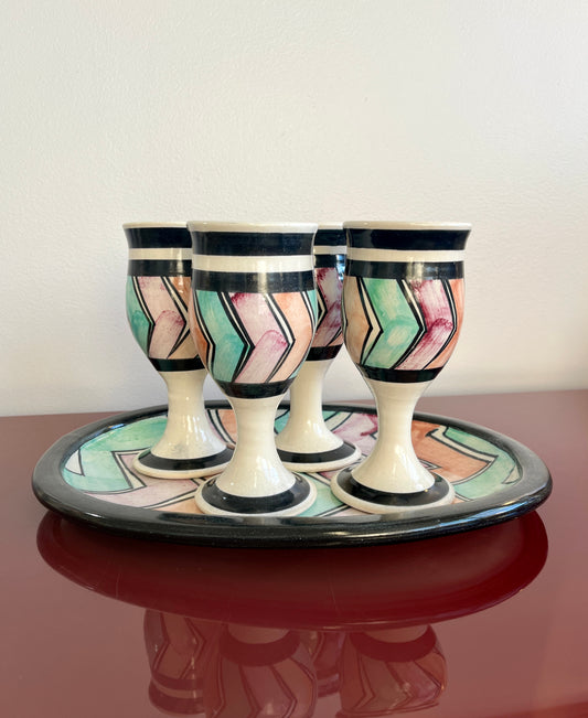Vintage Studio Pottery Porcelain Wine Goblet & Platter Set